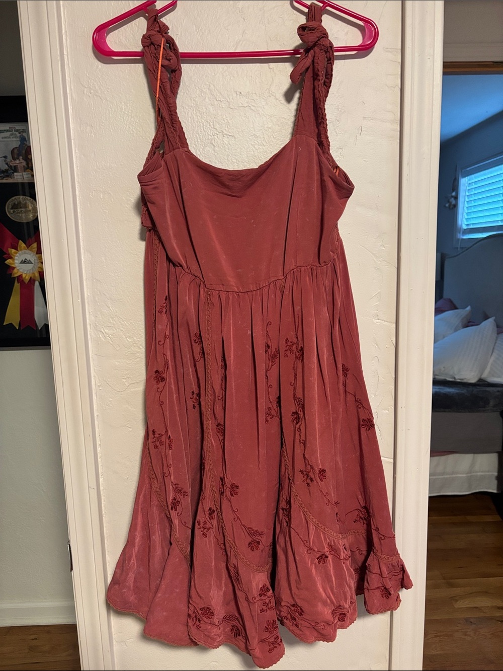 Rose colored with intentional distressing Midi Dress with Tie Straps